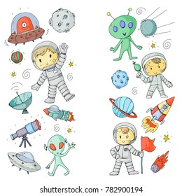 Moon surface. Kindergarten children play space exploration. Alien, ufo, spaceship. rocket. Children, boys and girls with moon, mars, saturn, jupiter