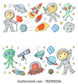 Moon surface. Kindergarten children play space exploration. Alien, ufo, spaceship. rocket. Children, boys and girls with moon, mars, saturn, jupiter