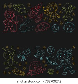 Moon surface. Kindergarten children play space exploration. Alien, ufo, spaceship. rocket. Children, boys and girls with moon, mars, saturn, jupiter