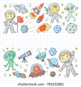 Moon surface. Kindergarten children play space exploration. Alien, ufo, spaceship. rockets. Children, boys and girls with moon, mars, saturn, jupiter