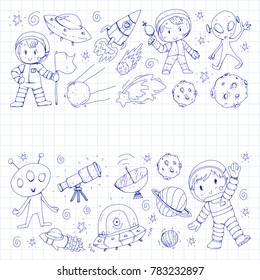 Moon surface. Kindergarten children play space exploration. Alien, ufo, spaceship. rockets. Children, boys and girls with moon, mars, saturn, jupiter