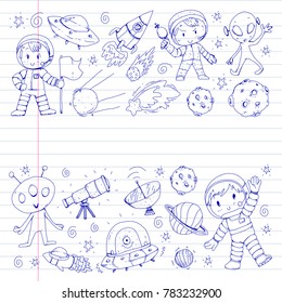 Moon surface. Kindergarten children play space exploration. Alien, ufo, spaceship. rockets. Children, boys and girls with moon, mars, saturn, jupiter