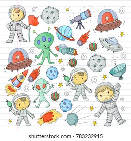 Moon surface. Kindergarten children play space exploration. Alien, ufo, spaceship. rockets. Children, boys and girls with moon, mars, saturn, jupiter