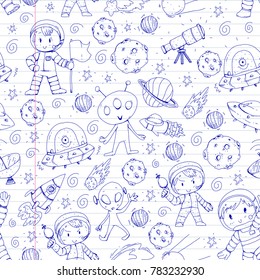Moon surface. Kindergarten children play space exploration. Alien, ufo, spaceship. rockets. Children, boys and girls with moon, mars, saturn, jupiter