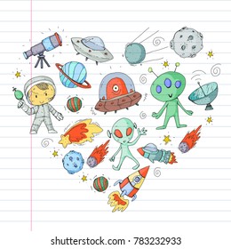 Moon surface. Kindergarten children play space exploration. Alien, ufo, spaceship. rockets. Children, boys and girls with moon, mars, saturn, jupiter
