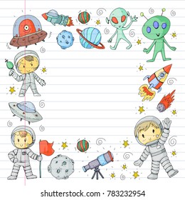Moon surface. Kindergarten children play space exploration. Alien, ufo, spaceship. rockets. Children, boys and girls with moon, mars, saturn, jupiter