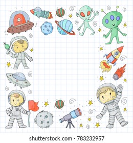 Moon surface. Kindergarten children play space exploration. Alien, ufo, spaceship. rockets. Children, boys and girls with moon, mars, saturn, jupiter