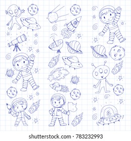 Moon surface. Kindergarten children play space exploration. Alien, ufo, spaceship. rockets. Children, boys and girls with moon, mars, saturn, jupiter