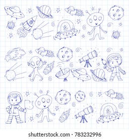 Moon surface. Kindergarten children play space exploration. Alien, ufo, spaceship. rockets. Children, boys and girls with moon, mars, saturn, jupiter