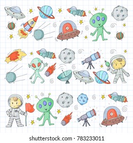 Moon surface. Kindergarten children play space exploration. Alien, ufo, spaceship. rockets. Children, boys and girls with moon, mars, saturn, jupiter