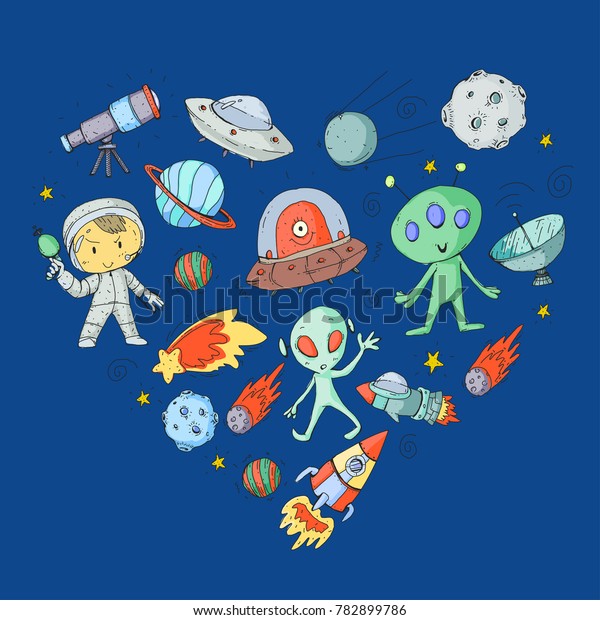 Moon surface. Kindergarten children play
space exploration. Alien, ufo, spaceship. rocket. Children, boys
and girls with moon, mars, saturn,
jupiter