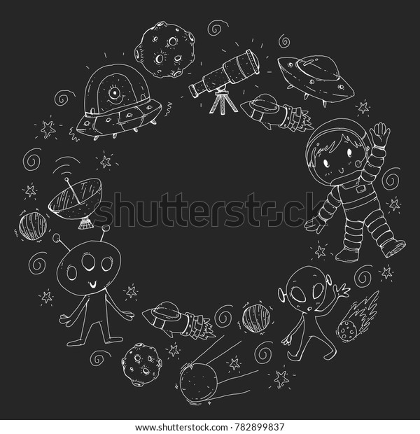Moon surface. Kindergarten children play
space exploration. Alien, ufo, spaceship. rocket. Children, boys
and girls with moon, mars, saturn,
jupiter