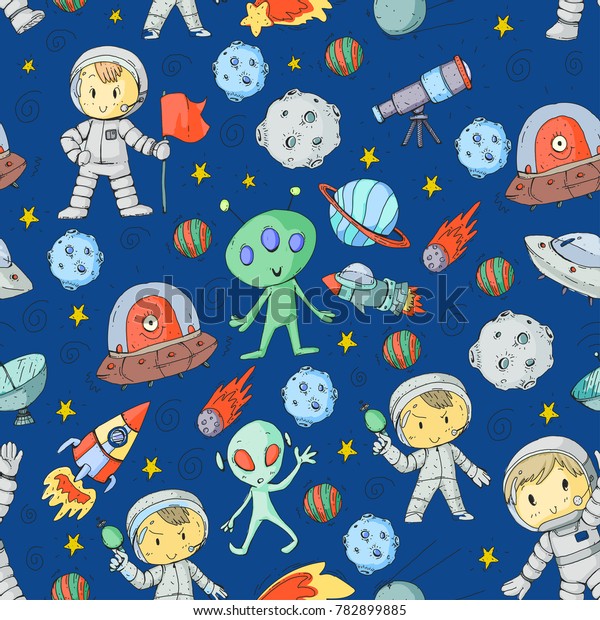 Moon surface. Kindergarten children play\
space exploration. Alien, ufo, spaceship. rocket. Children, boys\
and girls with moon, mars, saturn,\
jupiter