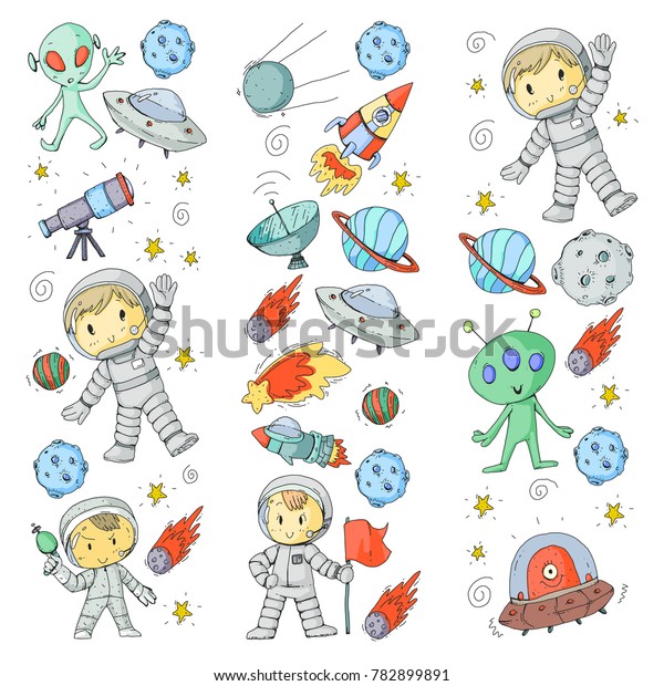 Moon surface. Kindergarten children play\
space exploration. Alien, ufo, spaceship. rocket. Children, boys\
and girls with moon, mars, saturn,\
jupiter