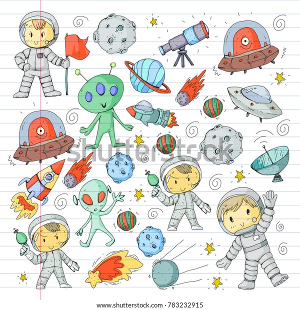 Moon surface. Kindergarten children play\
space exploration. Alien, ufo, spaceship. rockets. Children, boys\
and girls with moon, mars, saturn,\
jupiter