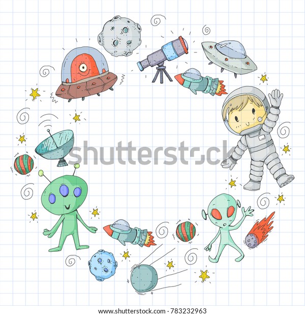 Moon surface. Kindergarten children play\
space exploration. Alien, ufo, spaceship. rockets. Children, boys\
and girls with moon, mars, saturn,\
jupiter