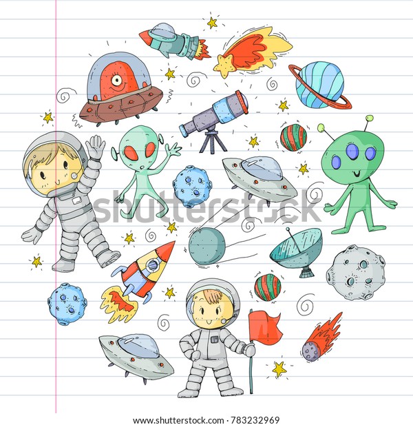 Moon surface. Kindergarten children play
space exploration. Alien, ufo, spaceship. rockets. Children, boys
and girls with moon, mars, saturn,
jupiter