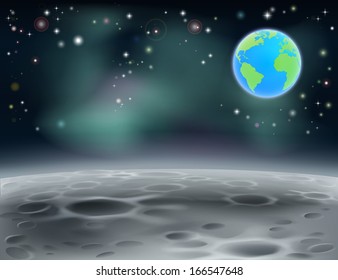 Moon surface landscape background with stars, craters and planet earth in the background