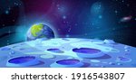 Moon surface landscape with craters and Earth on background cartoon vector illustration. Lunar ground, fantasy futuristic view in outer space, blue rocks and holes. Cosmic asteroids, futuristic land