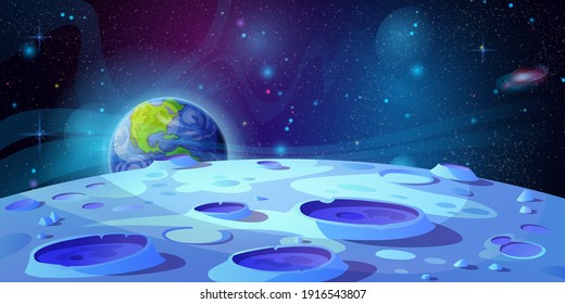 Moon surface landscape and craters   Earth background cartoon vector illustration  Lunar ground  fantasy futuristic view in outer space  blue rocks   holes  Cosmic asteroids  futuristic land