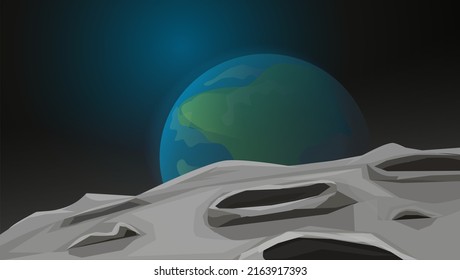 Moon surface landscape with craters and Earth background,  illustration.