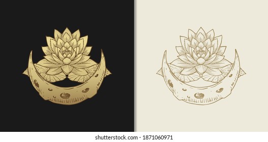 Moon surface with lotus flower luxury gold hand drawn engraving style vector illustration.