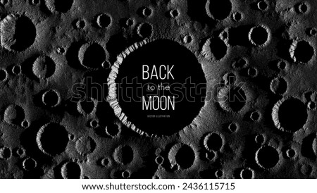 Moon surface in stippling style with shadows and craters. Close-up of huge lunar meteorite impact crater like circle banner. Pointillism. Dotwork. Noisy grainy shading using dots. Vector illustration