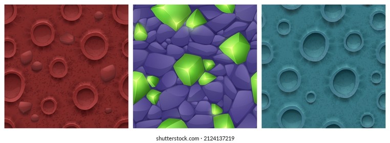 Moon Surface Texture, Mars Ground With Craters And Stone Land With Green Crystals. Vector Cartoon Seamless Patterns With Top View Of Lunar Sand Surface, Purple Cobblestones