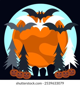The moon is surrounded by a ring of bats some white and some black flying in various directions