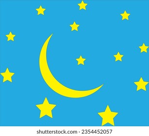 The moon surrounded by stars on a blue background