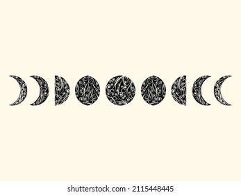 Moon with swirls in art deco style. Moon phases. The whole cycle from new moon to full moon. Crescent types. Vintage moons with swirls and twisted lines. Vector illustration