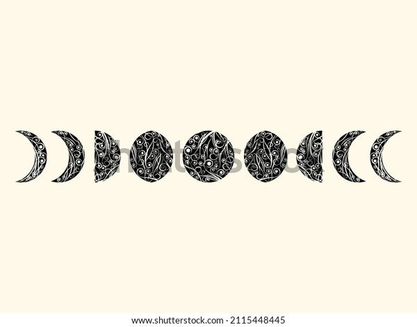 Moon with swirls\
in art deco style. Moon phases. The whole cycle from new moon to\
full moon. Crescent types. Vintage moons with swirls and twisted\
lines. Vector\
illustration