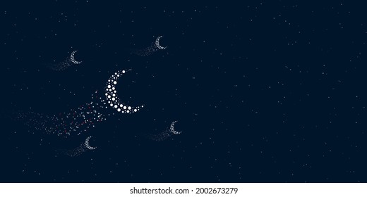 A moon symbol filled with dots flies through the stars leaving a trail behind. Four small symbols around. Empty space for text on the right. Vector illustration on dark blue background with stars