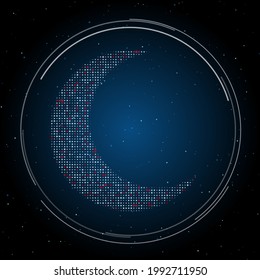 The moon symbol filled with white dots. Pointillism style. Some dots is red. Vector illustration on blue background with stars