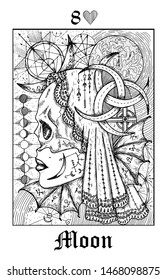 Moon symbol. Tarot card from vector Lenormand Gothic Mysteries oracle deck. Black and white engraved illustration. Fantasy and mystic line art drawing. Gothic, occult and esoteric background