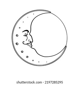 Moon symbol. Tattoo style. Vector illustration in black outlines isolated on white. 