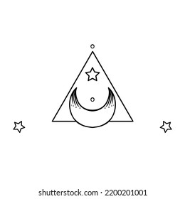 Moon symbol. Tattoo style. Vector illustration in black outlines isolated on white. 