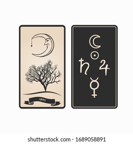 Moon tarot card front and back. Tarot card with moon and dead tree vector illustration.