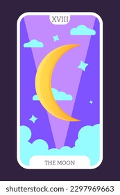 The Moon tarot cartoon flat card template major arcana. Taro vector illustration spiritual signs with esoteric magic and astrology symbols. Isolated colored graphic. Witchcraft concept EPS