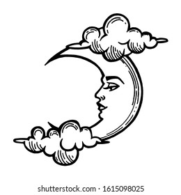 Moon tattoo. Moon with face stylized as engraving. Astrology, alchemy, boho and magic symbol. Hand drawn Vector astrology symbol. Vector illustration. Dot work