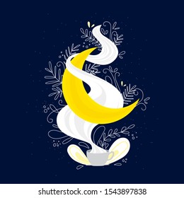 Moon and tea. Vecton illustration for page template, postcards, stickers, little merchandise on dishes. Doodle style illustration.
