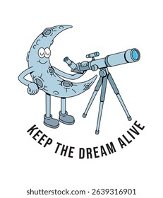 moon and telescope retro cute illustration