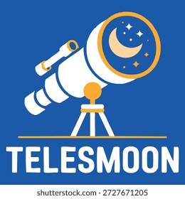 Plantilla del logotipo del Vector del telescopio lunar con el símbolo de la estrella perfecta para la ciencia de la astronomía que marca el tema del descubrimiento espacial y la identidad del cielo nocturno