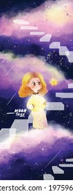 Moon Thief Illustrator, Girl Catch Moon on Stage, Wallpaper, Android Phone, iPhone, Samsung