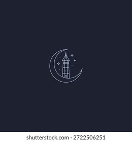 Logotipo de arte de la línea de la luna y la torre que representa la guía, el misterio y la fuerza.