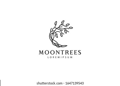 moon tree logo. illustration of a tree with stems and roots that make up the moon. vector line icon template