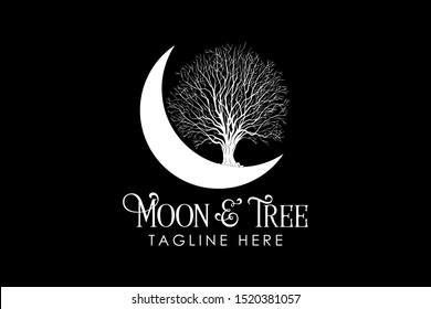 moon   tree logo template and crescent moon   dry tree silhouette
