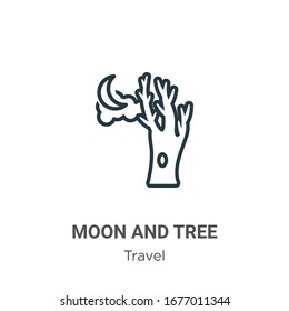 Moon and tree outline vector icon. Thin line black moon and tree icon, flat vector simple element illustration from editable travel concept isolated stroke on white background