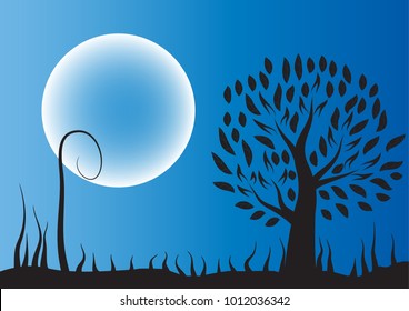 Moon tree silhouette against black background