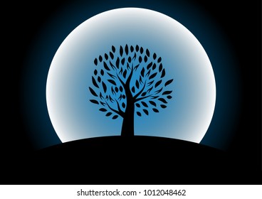 Moon tree silhouette against black background